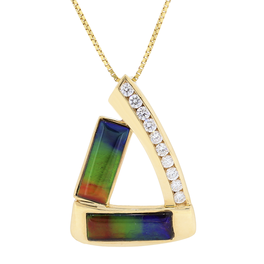 14kt Yellow Gold Ammolite Rectangle Inlay With Channel Set Diamonds D0.45Ct