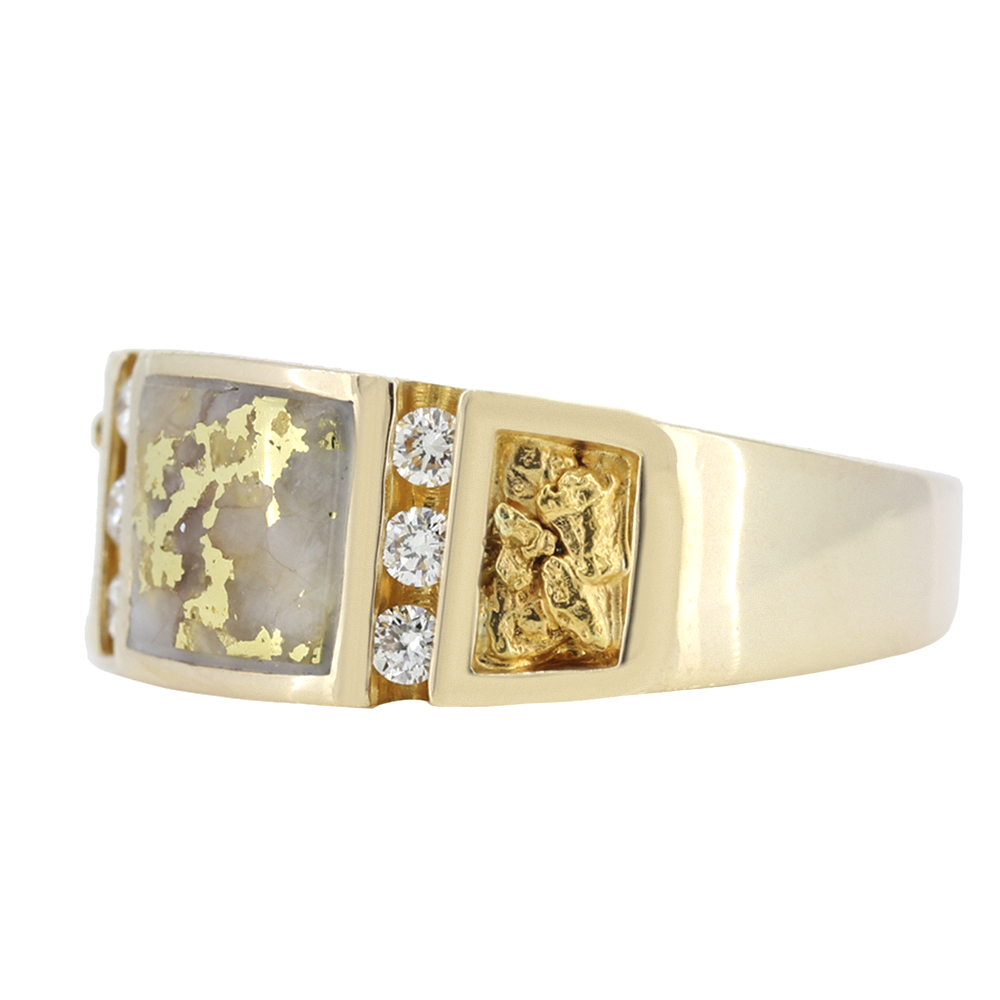 14K Yellow Gold Quartz & Gold Nugget Ring With 0.18Ct Diamonds