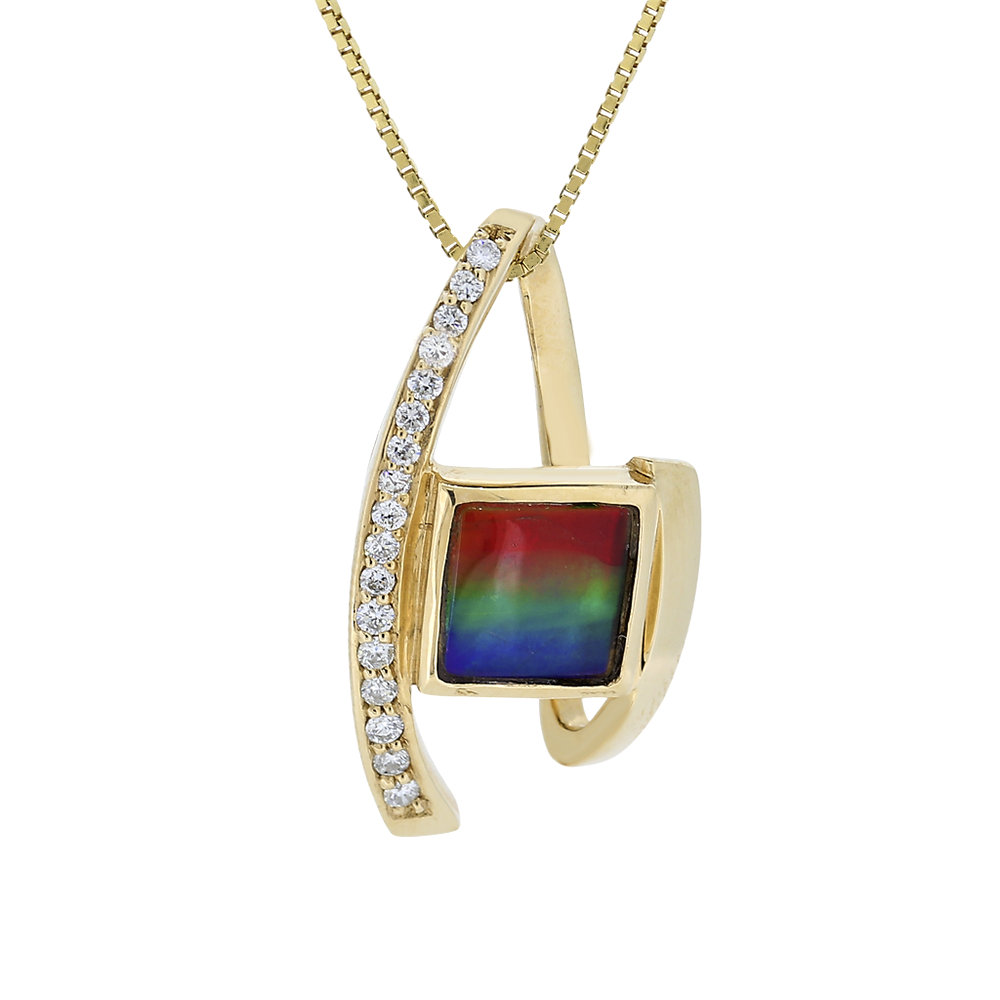 14kt Yellow Gold Square Ammolite Bezel Pendant With Channel Set Diamonds D0.25Ct PND