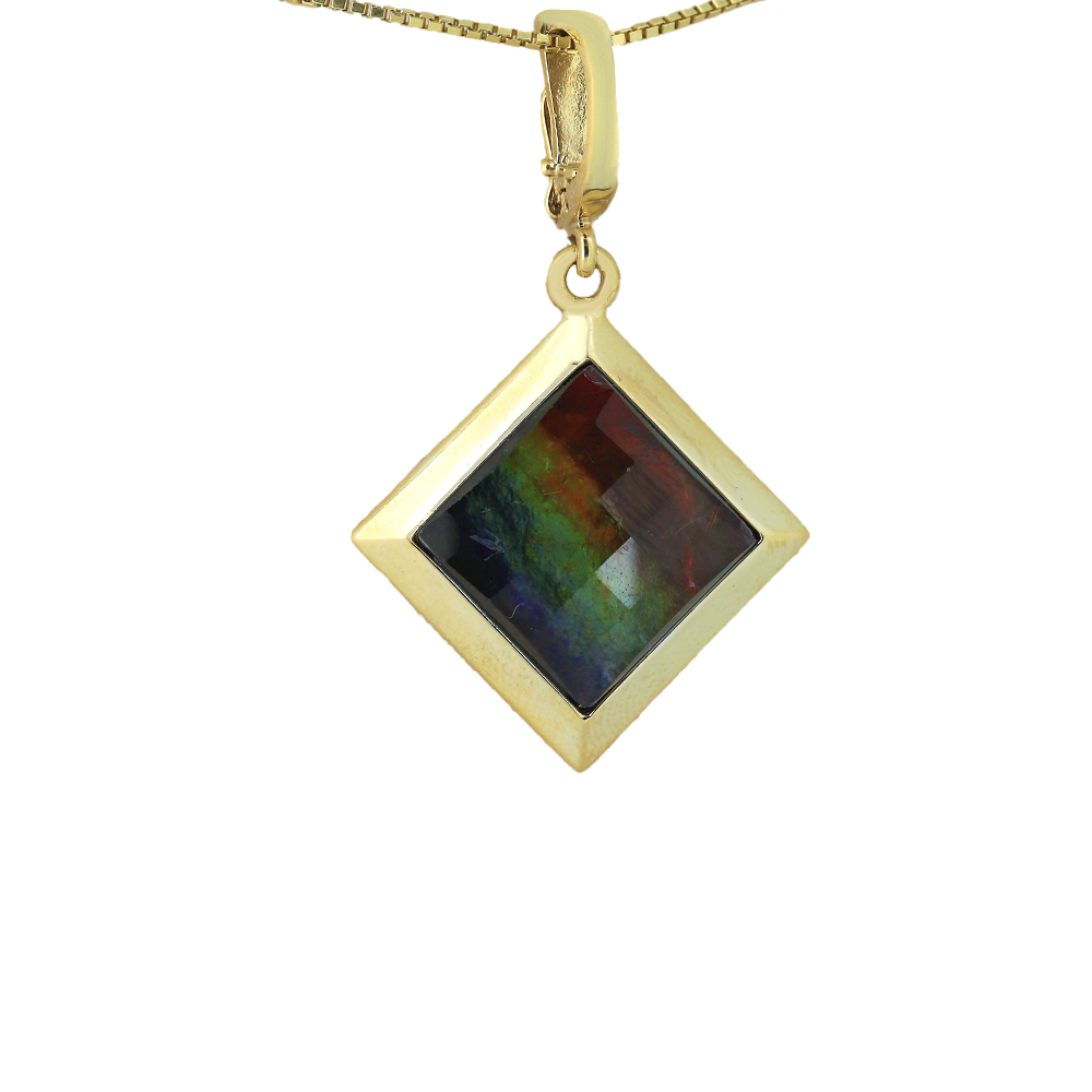 Rhombus Ammolite Enhancer Pendant, Faceted Crystal In 14K Yellow Gold