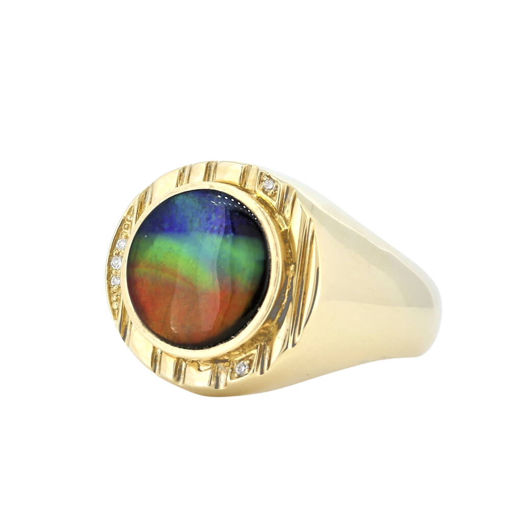 14kt Yellow Gold Men&#39;s Round Ammolite Bezel Set Ring With Diamonds D0.04Ct