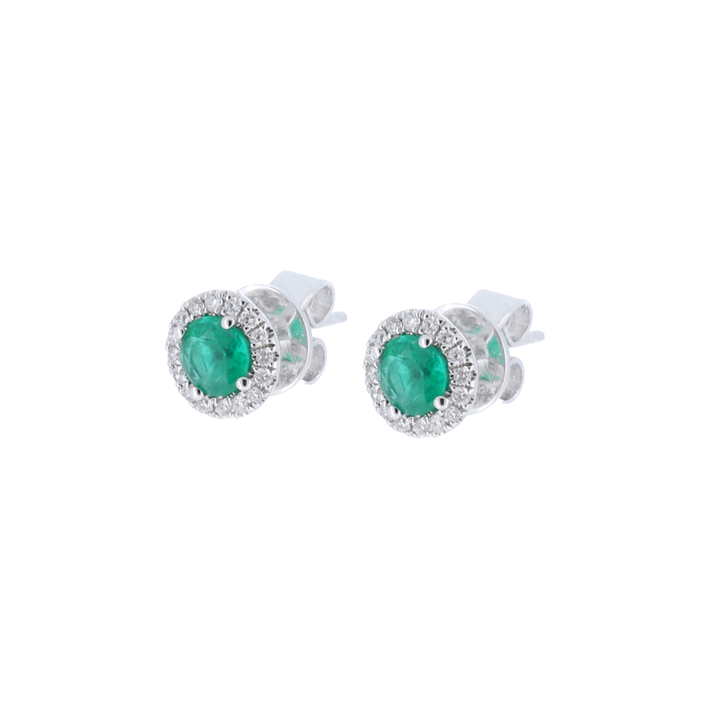 Round Natural Emerald Halo Stud Earrings In 14Kt White Gold