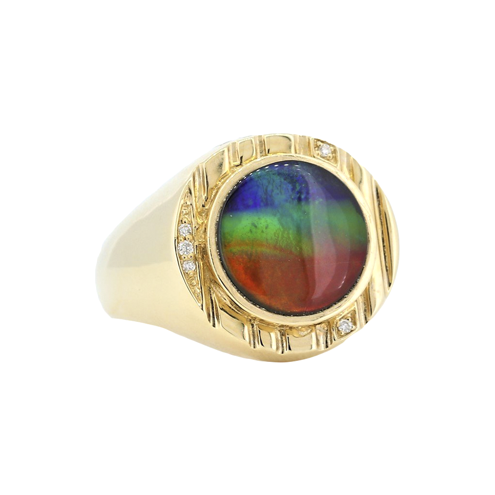 14kt Yellow Gold Men&#39;s Round Ammolite Bezel Set Ring With Diamonds D0.04Ct