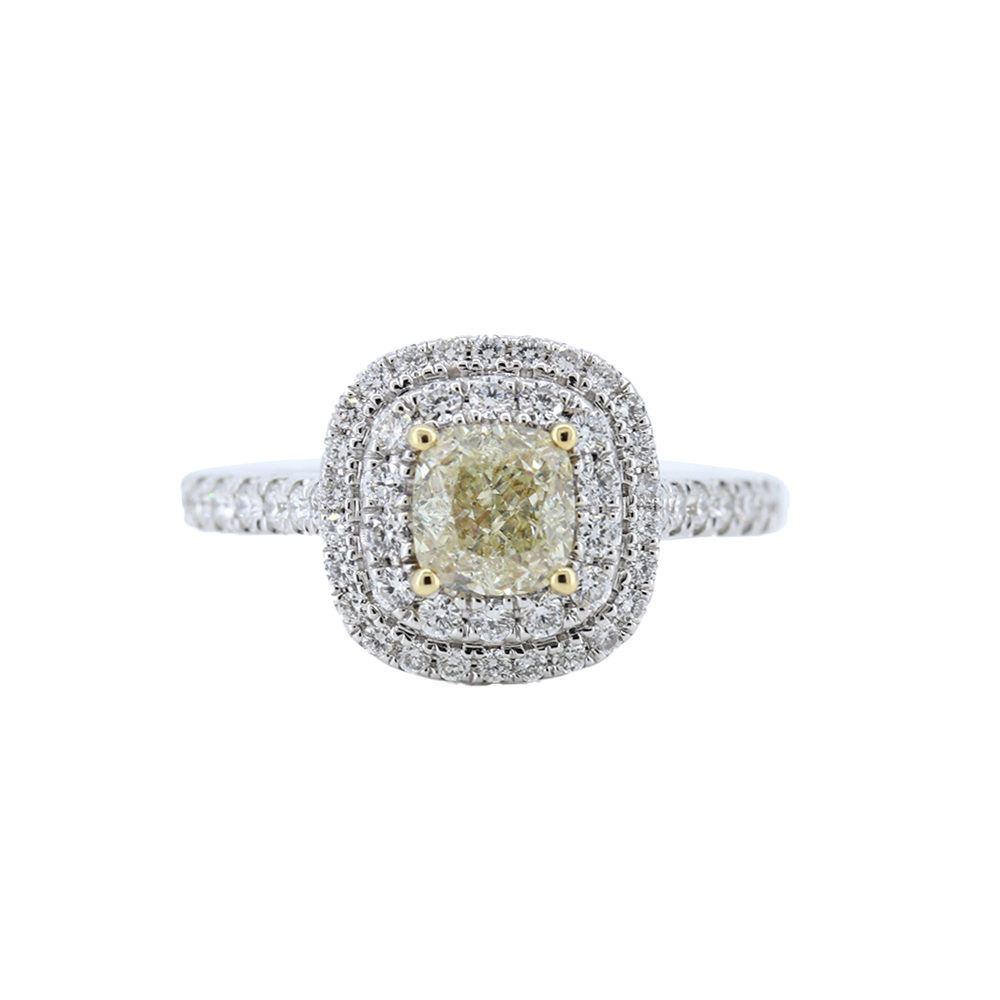 Cushion-cut Fancy Yellow Diamond Halo Engagement Ring in 18k Gold - GAI Certified