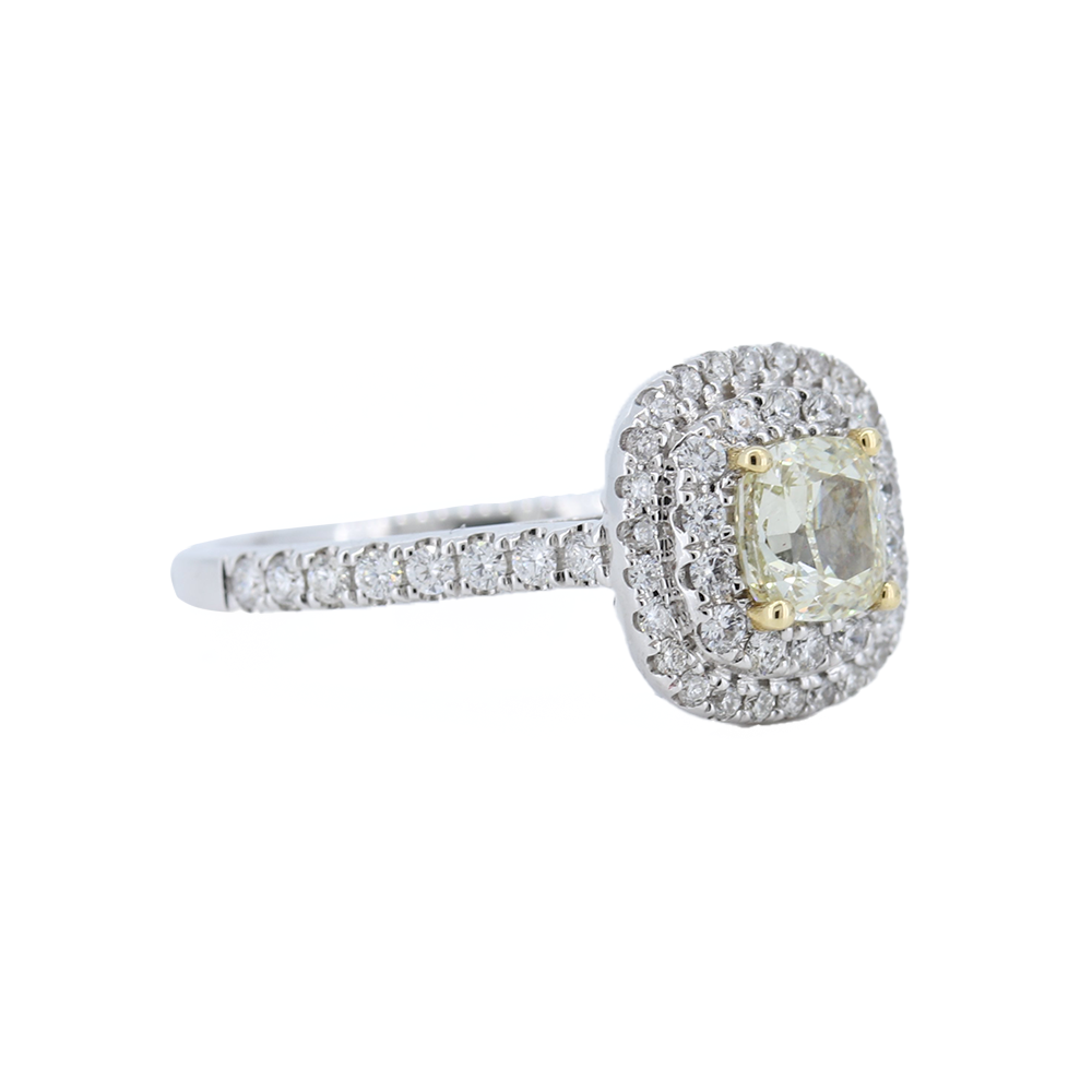Cushion-cut Fancy Yellow Diamond Halo Engagement Ring in 18k Gold - GAI Certified