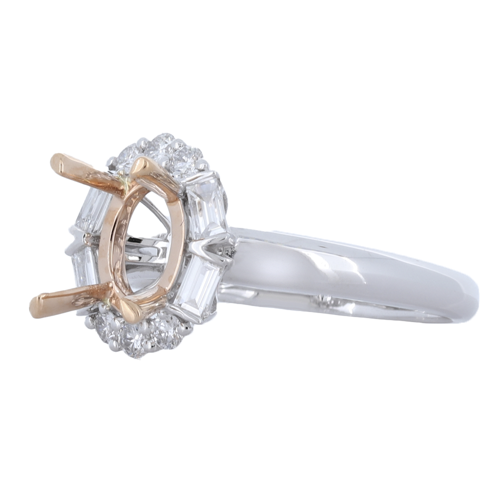 18K Two-Tone Oval Halo Semi-Mount Ring With Round And Baguette Diamonds With 0.39Ct