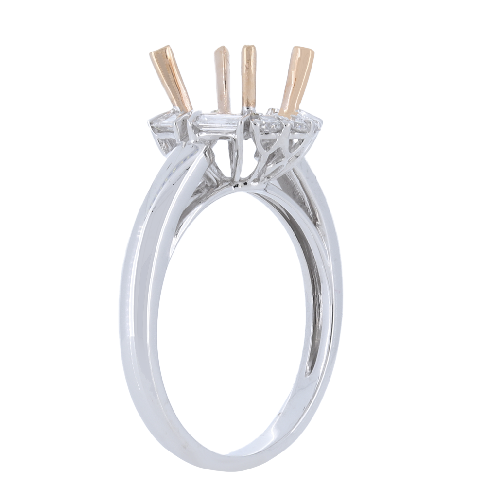 18K Two-Tone Oval Halo Semi-Mount Ring With Round And Baguette Diamonds With 0.39Ct