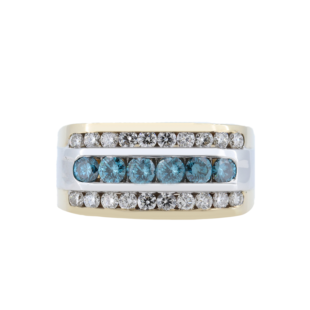 2.02 Carat White and Blue Diamond Mens Ring in 14k Two Tone Gold