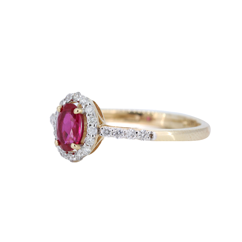 Oval Ruby and Diamond Halo 14kt Yellow Gold Ring