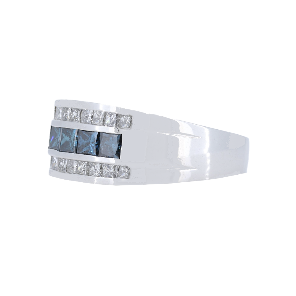 1.69 Carat Blue and White Diamond Mens Ring in 14k White Gold