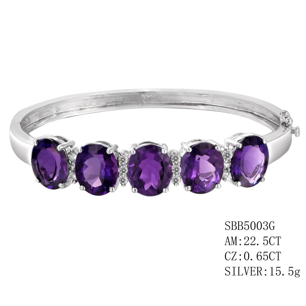 Silver Amethyst Bangle With 22.5Ctw Oval Shaped Amethyst & Cz-0.65Ctw
