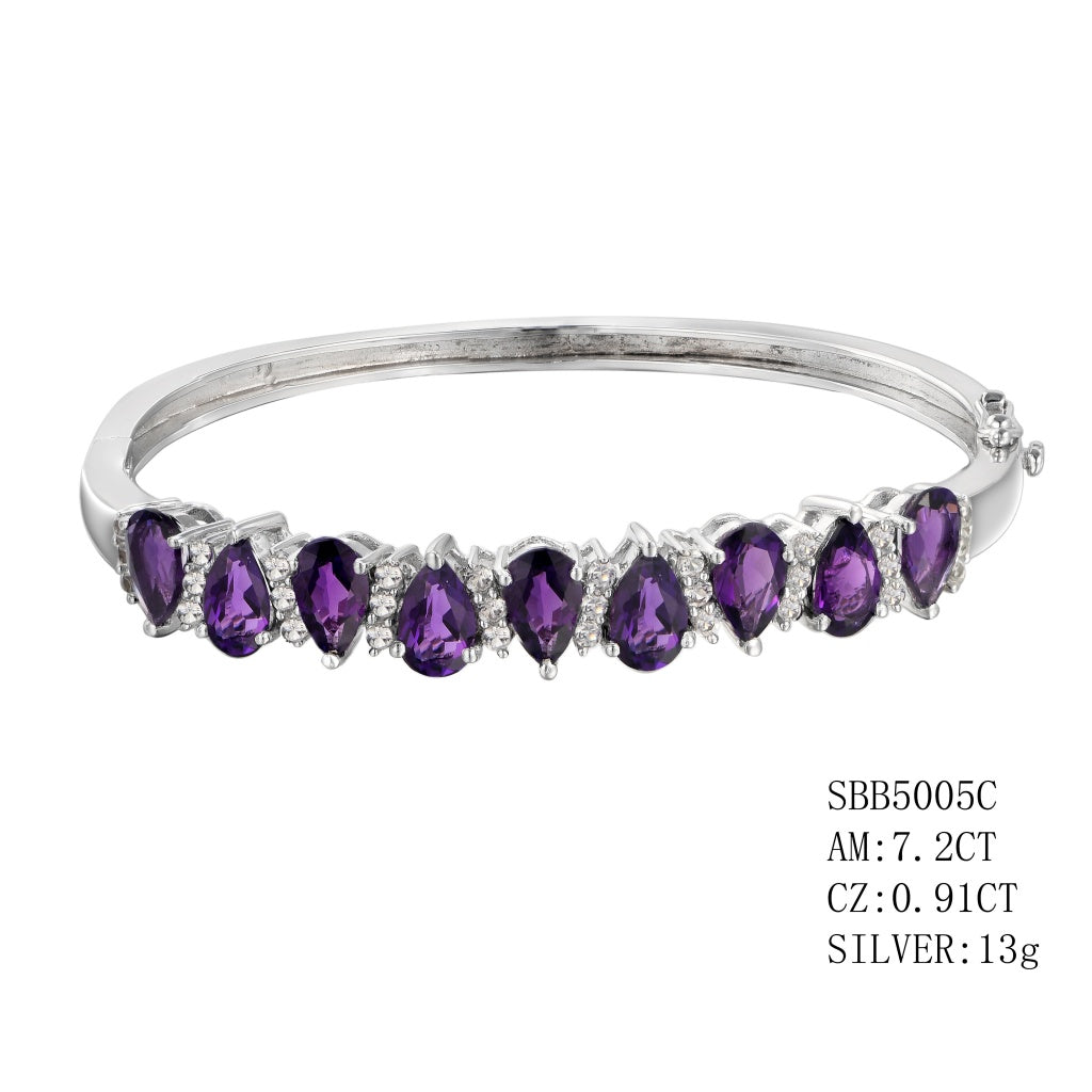 Sterling Silver Amethyst Bangle With 7.2Ctw Pear Shaped Set Upside-Down & Cz- 0.91Ctw
