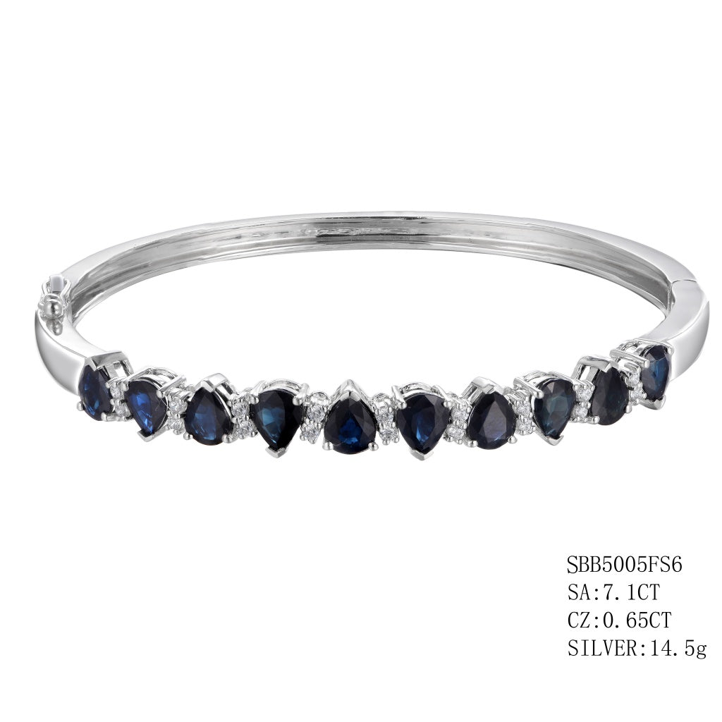 Silver Sapphire Bangle Pear Shape With Sapphires-7.1Ctw & Cz-0.65Ctw