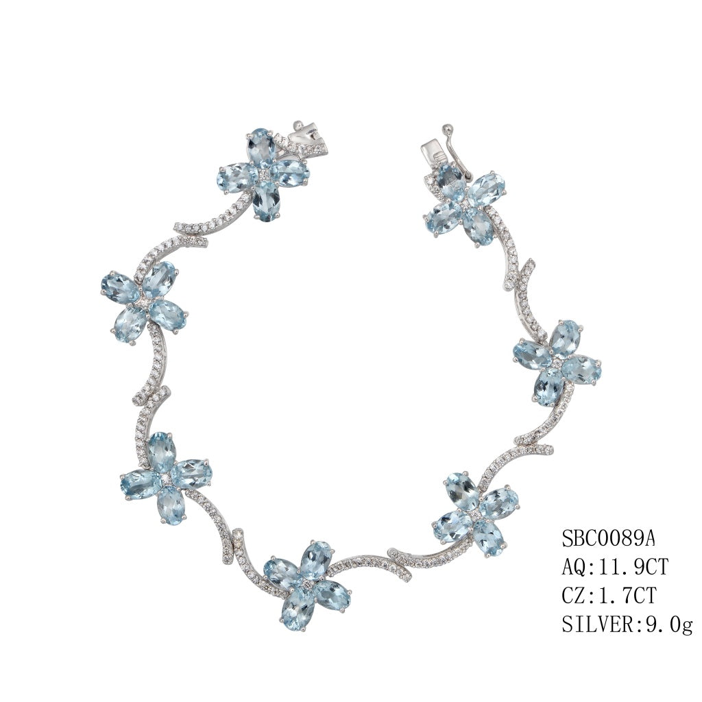 Silver Aquamarine Bracelet  In A Flower Design With Aq-11.9Ctw & Cz-1.7Ctw