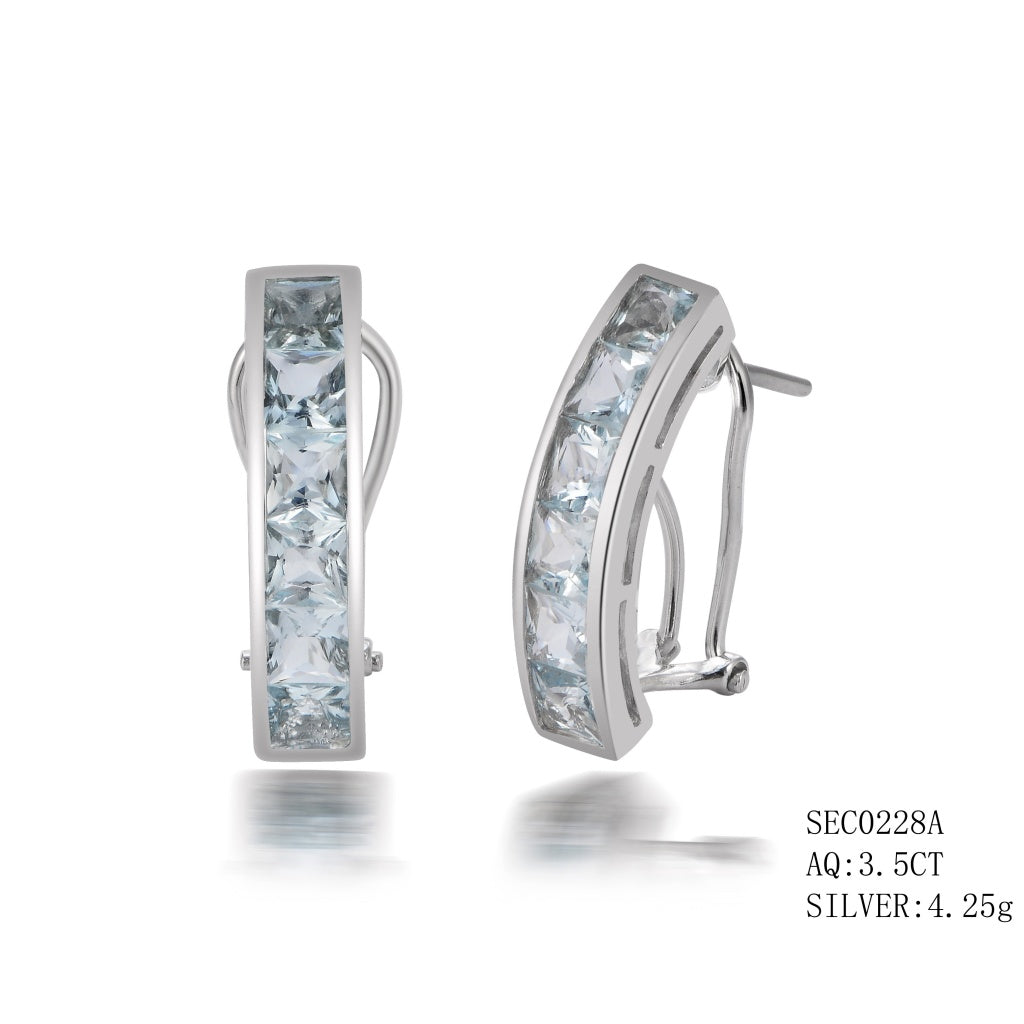 Sterling Silver Aquamarine Channel Set Earrings With French Clips Aq-3.5Ctw
