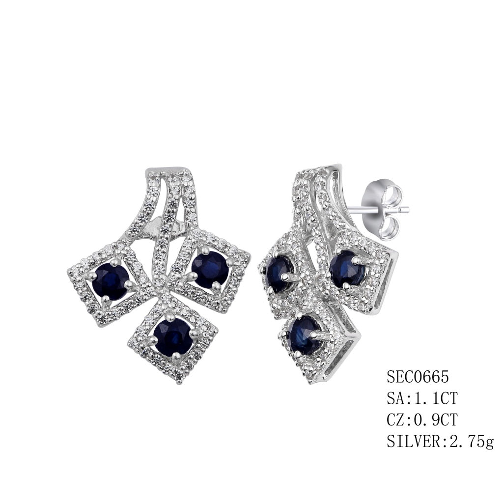 Sterling Silver Sapphire Earrings With Push Backs Sa-1.1Ctw And Cz-0.9Ctw