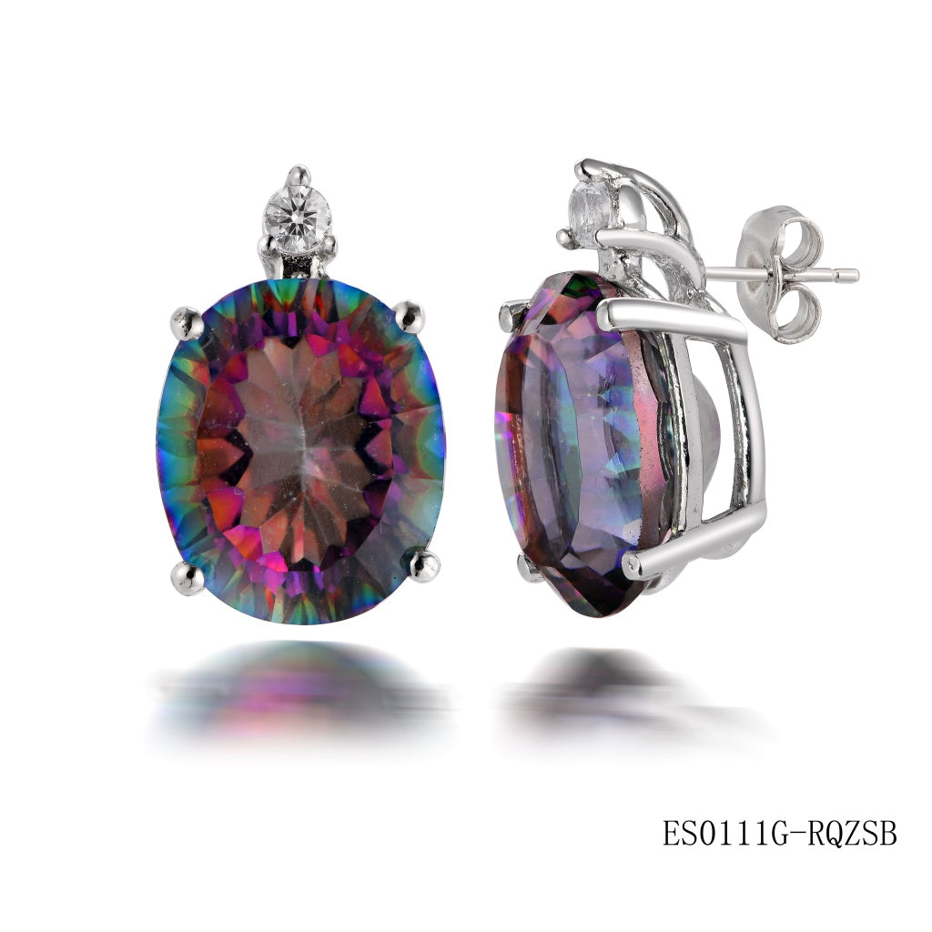 Sterling Silver Oval Shaped Rainbow Topaz Studs With Push Backs