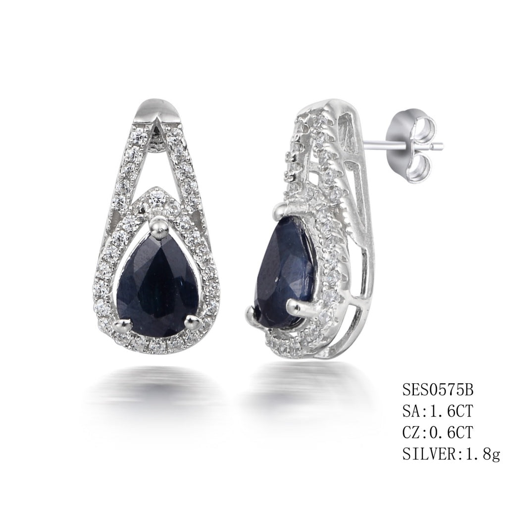 Sterling Silver Pear Shape Sapphire Studs With Push Backs Sa-1.6Ctw And Cz-0.6Ctw