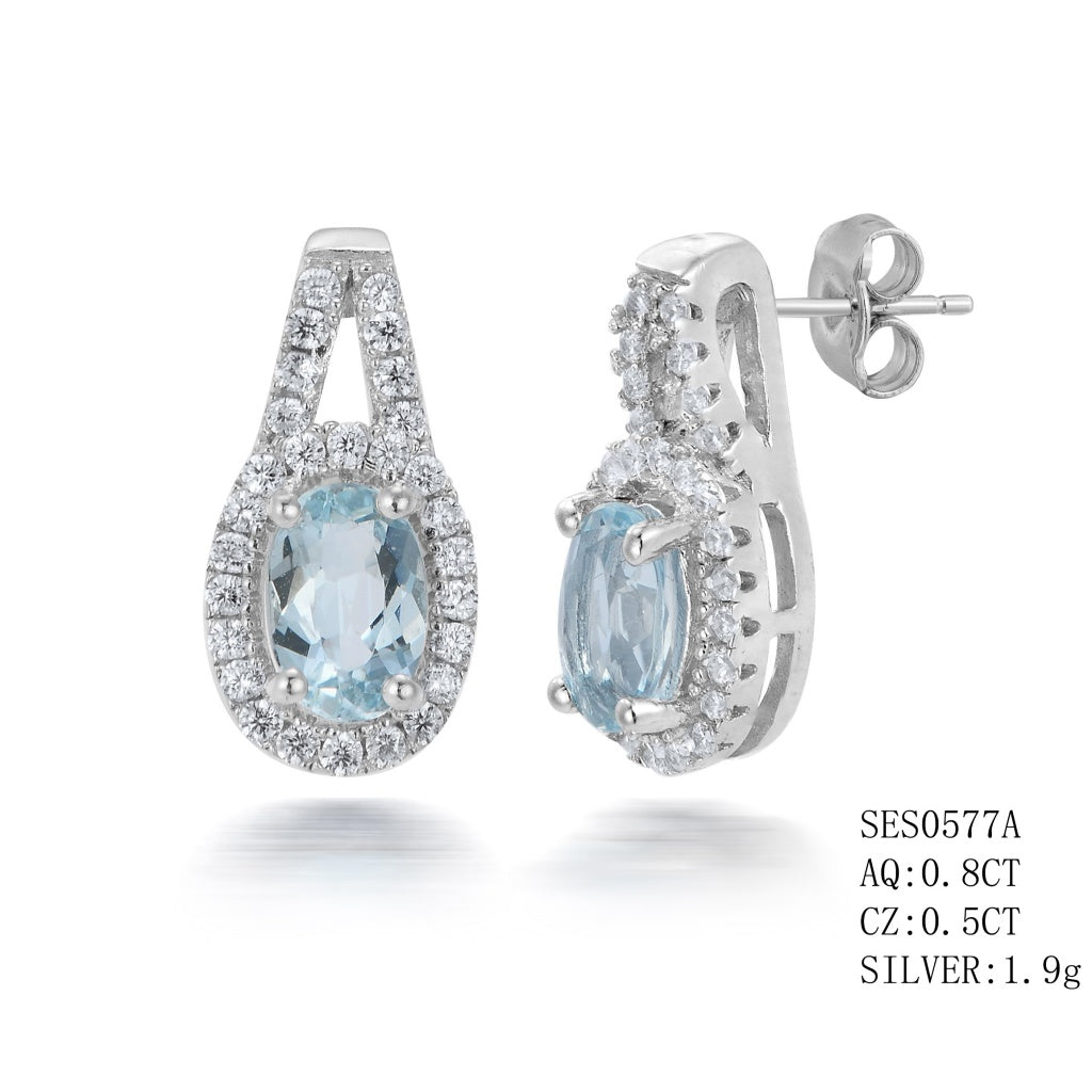 Sterling Silver Oval Shaped Aquamarine Studs With Push Backs Aq-0.8Ctw And Cz-0.5Ctw