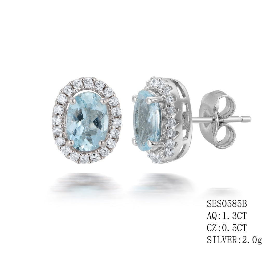 Sterling Silver Oval Shaped Aquamarine Studs  In A Halo Setting With Push Backs Aq-1.3Ctw And Cz-0.5Ctw