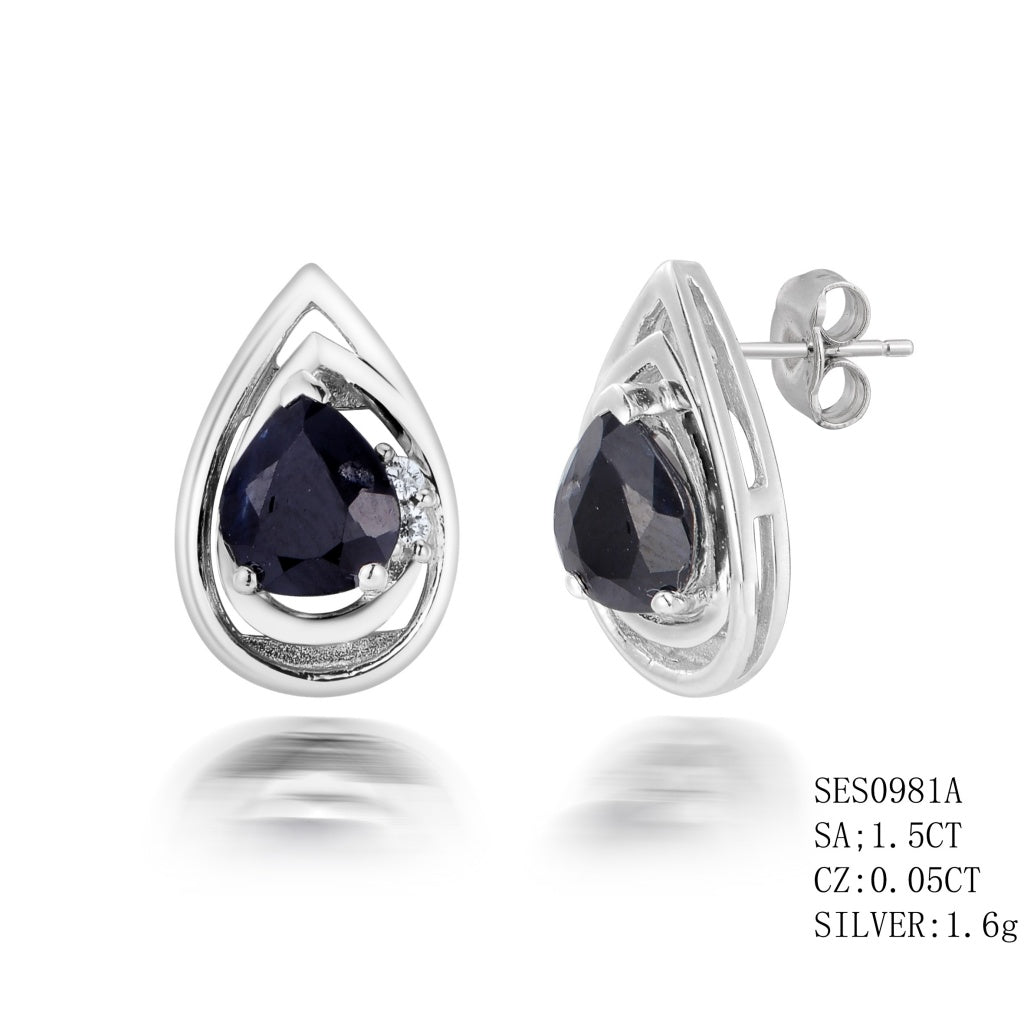 Sterling Silver Pear Shape Sapphire Studs With Push Backs Sa-1.5Ctw And Cz-0.05Ctw