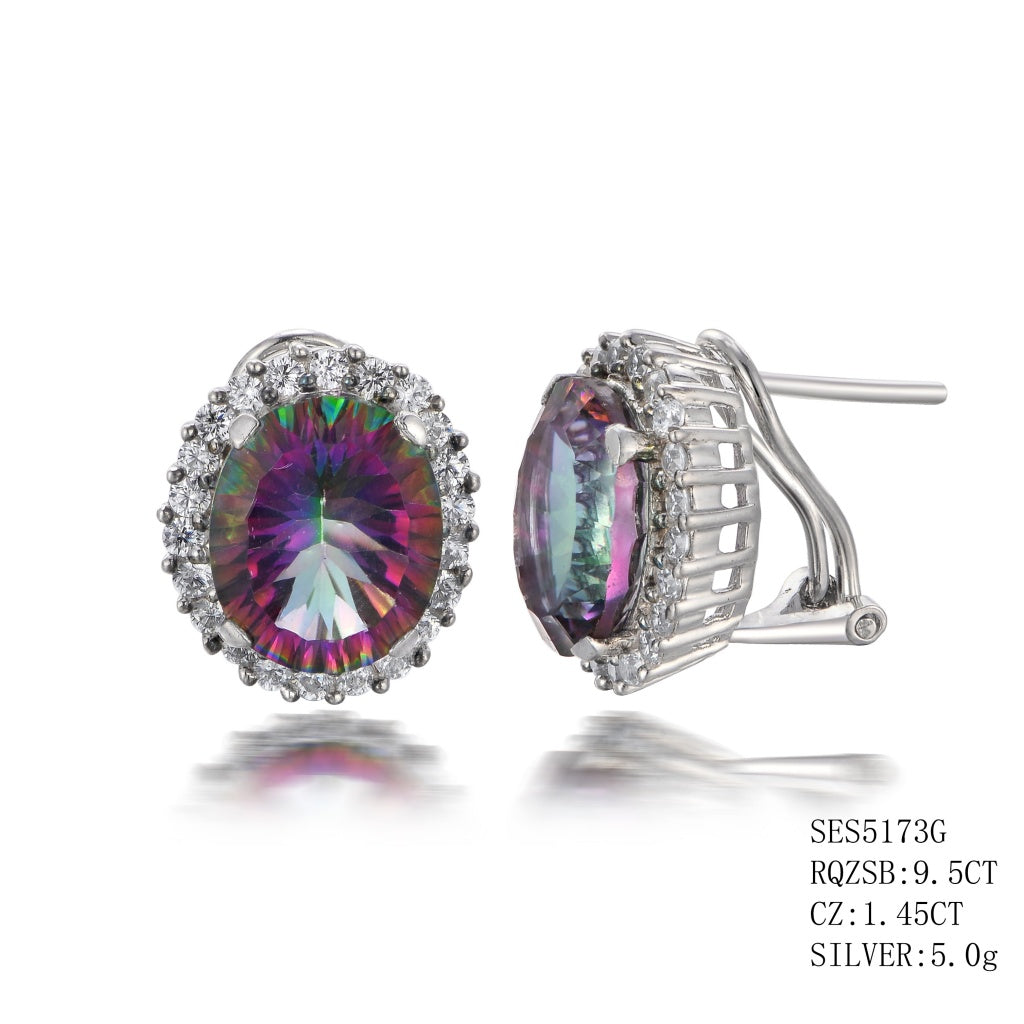 Sterling Silver Oval Shaped Rainbow Topaz Studs With Push Backs Rqzsb-9.5Ctw And Cz-10.45Ctw