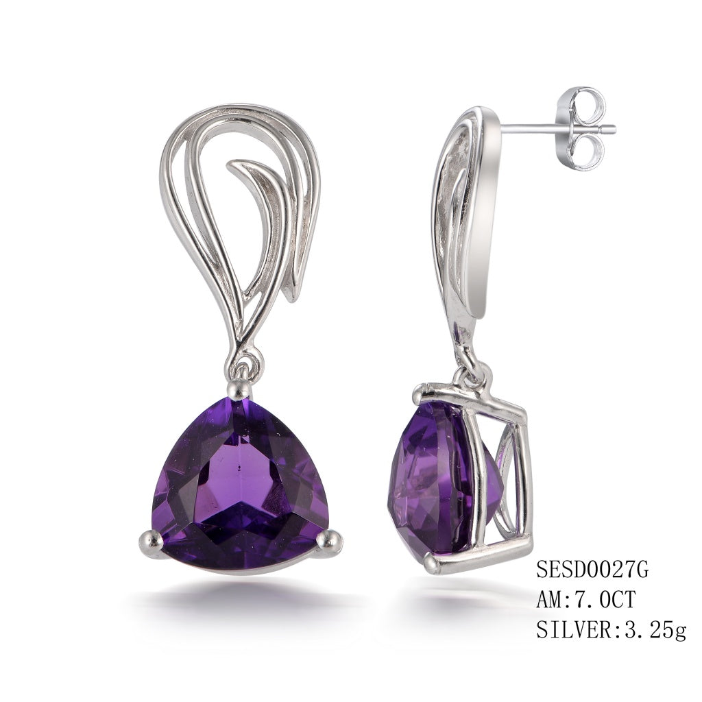 Sterling Silver Dangling Style Amethyst Trillion Shape Earrings With Push Backs Am-7.0Ctw