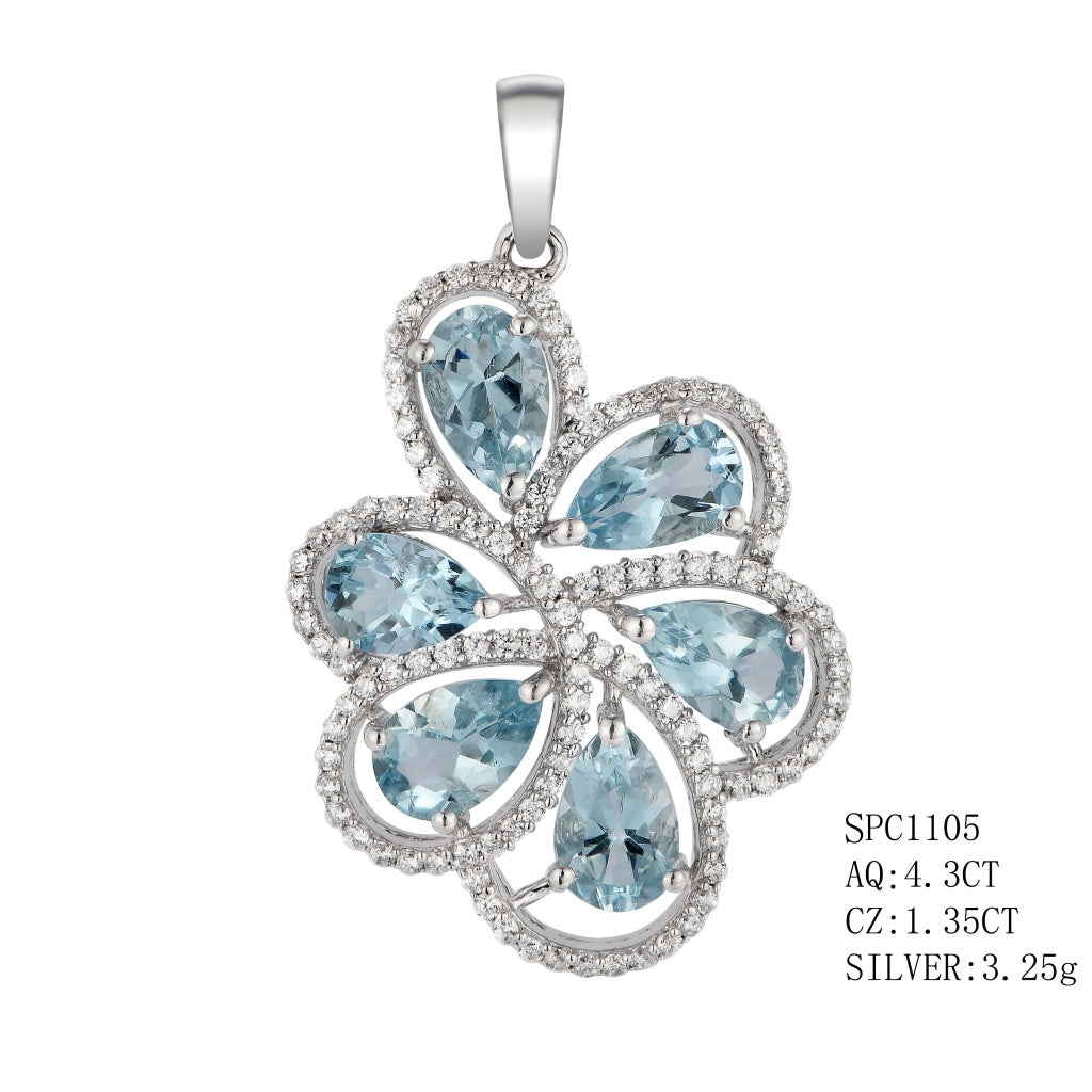 Sterling Silver 6 Stone  Pear Shapes Aquamarine Pendant Surround By C.Z In Flower Designs Aquamariner - 4.30Ctw C.Z - 1.35Ctw