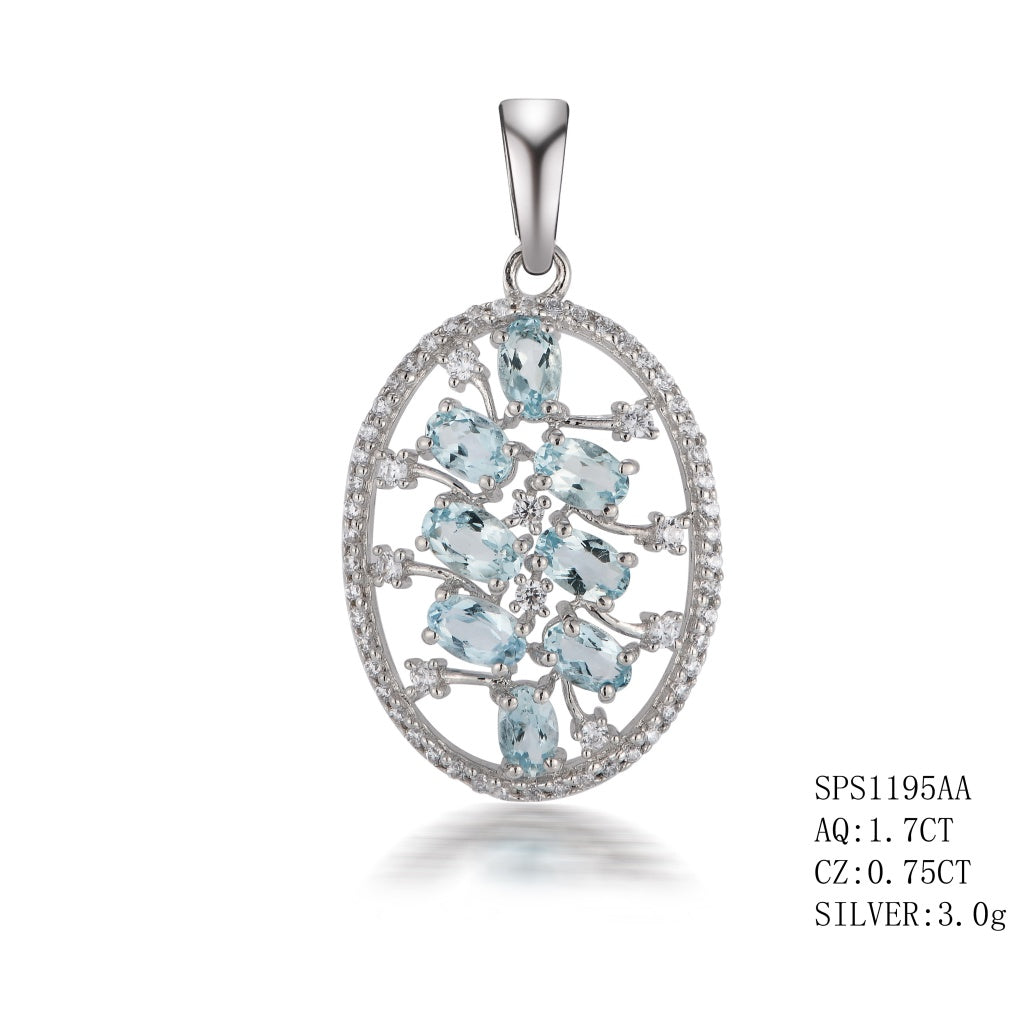 Sterling Silver 8 Stone  Oval Shapes Aquamarine Pendant Surround By C.Z In Oval Designs Aquamariner - 1.70Ctw C.Z -0.75Ctw