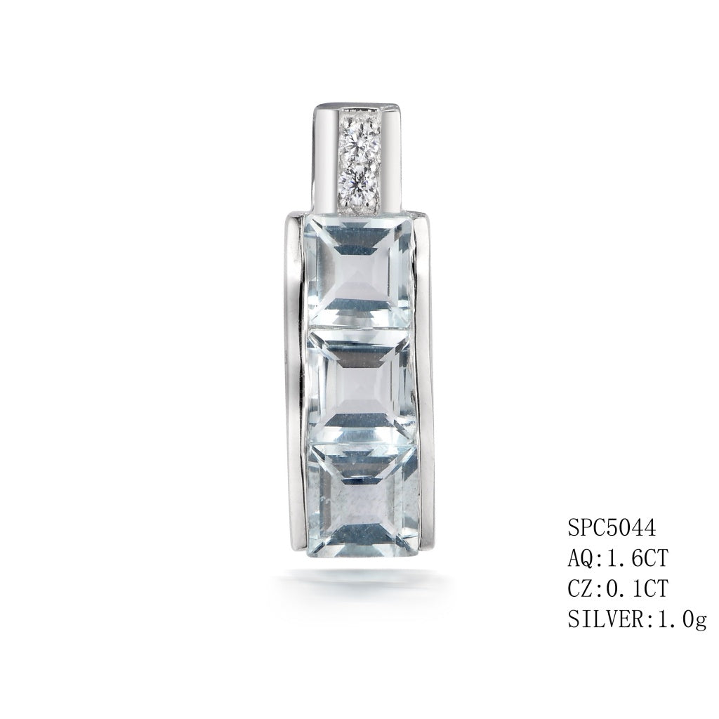 Sterling Silver 3 Stone Princess Cut Aquamariner Pendant With C.Z On The Top Of The Bail Aquamariner - 1.60Ctw C.Z- 0.10Ctw
