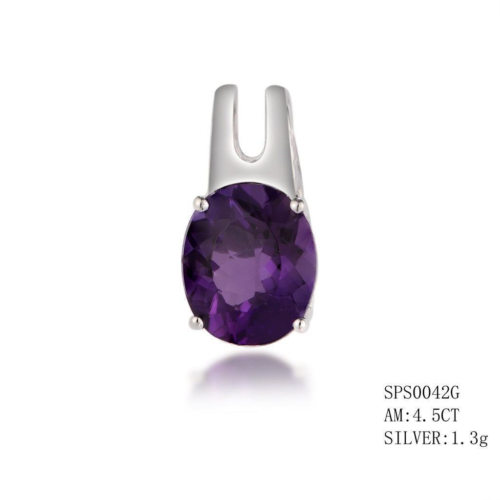 Sterling Silver Oval Cut Amethyst Pendant In 4 Prong Setting, Amethyst - 4.50Ctw