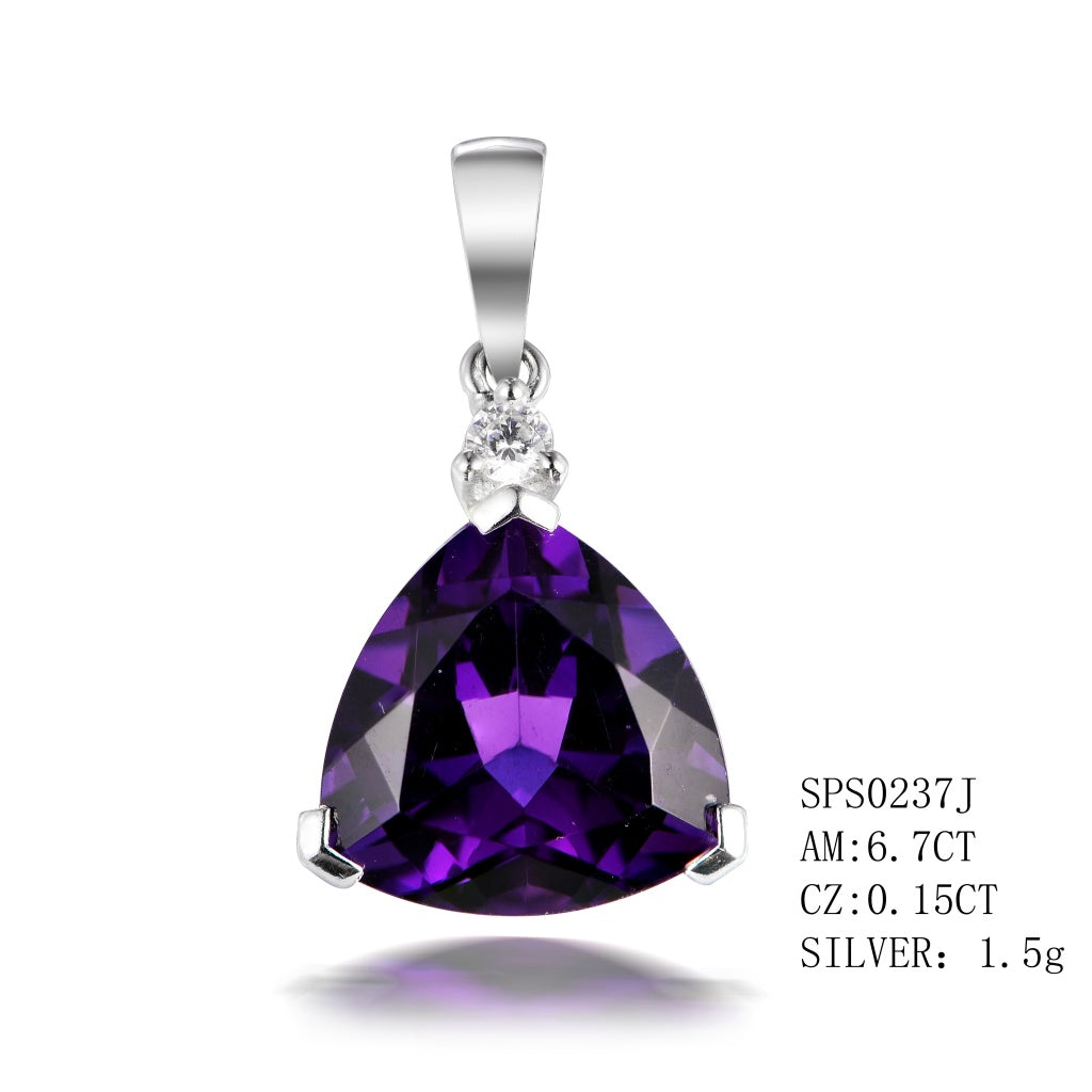Sterling Silver Trillion Cut Amethyst Pendant In 3 Prong Setting With 1C.Z On The Top Amethyst - 6.70Ctw C.Z - 0.15Ctw