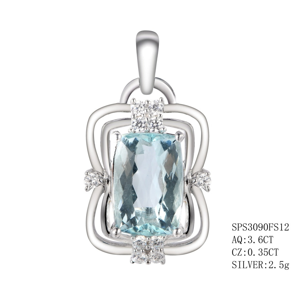 Sterling Silver Cushion Cut Aquamarine Pendant In 4 Prong Setting With C.Z On Each Sides Of The Band, Aquarmarine -3.60Ctw C.Z - 0.35Ctw