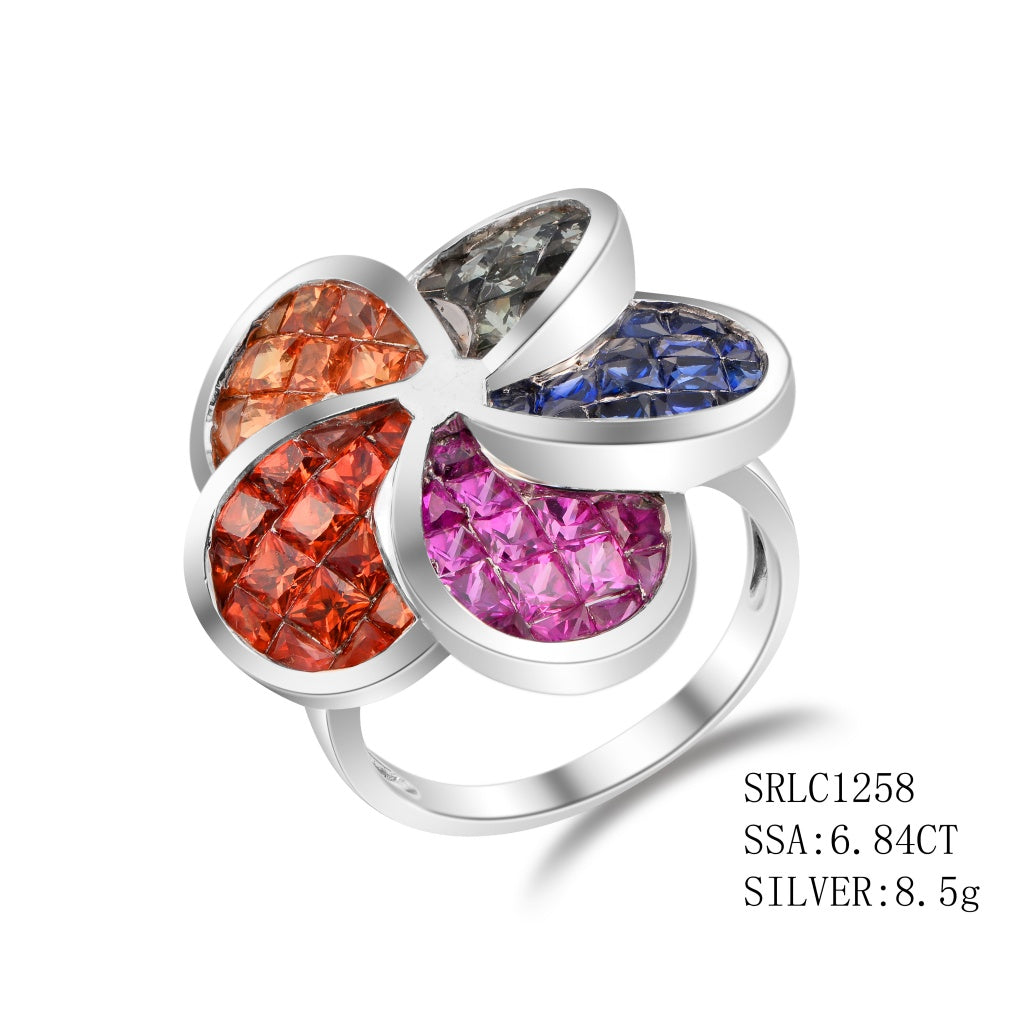 Sterling Silver Synthetic Multi Color Sapphire Ring In Invisible Set  Teardrop Design , Synthetic Multi Color Sapphire - 6.84Ctw