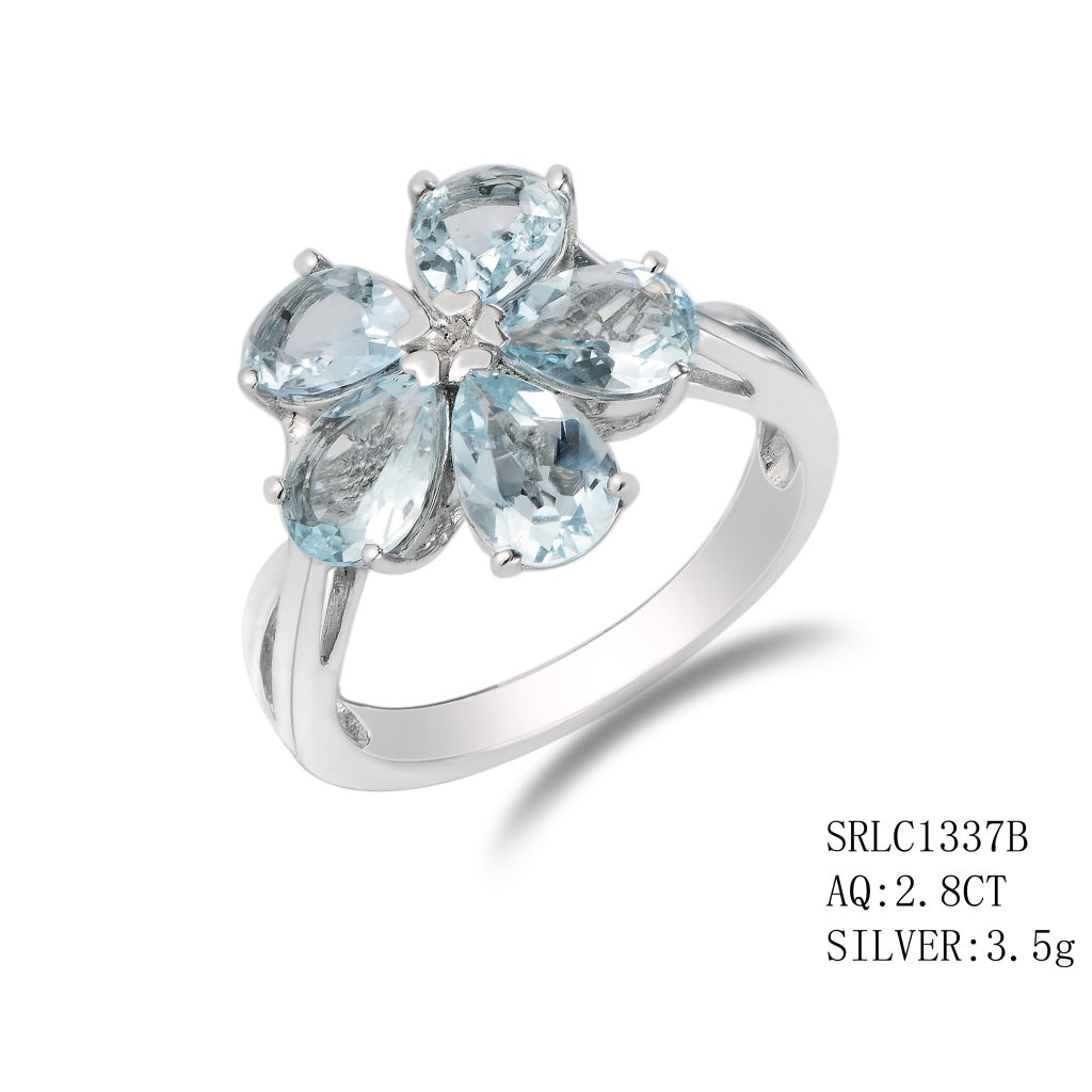 Sterling Silver 5 Stone Teardrop Cut Aqua In Flower Design , Aquarmarine - 2.80Ctw