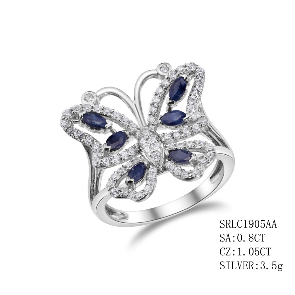 Sterling Silver Sapphire Ring In Marquise Cut Surround By C.Z In Butterflies Design ,  Sapphire - 0.80Ctw C.Z -1.05Ctw