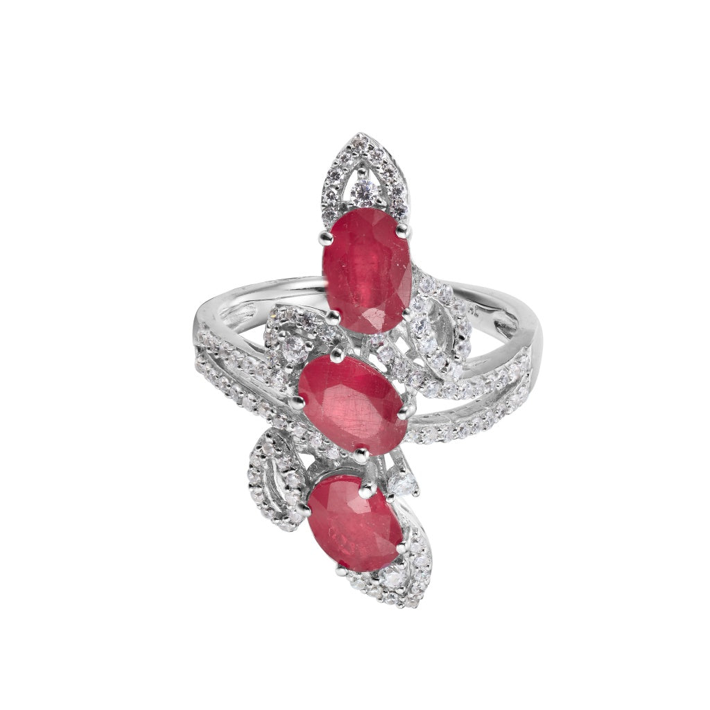 Sterling Silver Ruby Ring With 3 Oval Shape Ruby Vertical Set  - Ruby - 3.80 Ctw C.Z - 0.30Ctw