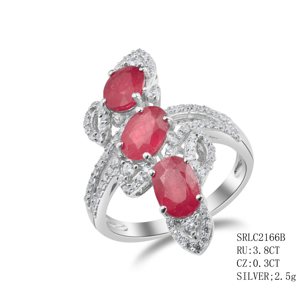 Sterling Silver Ruby Ring With 3 Oval Shape Ruby Vertical Set  - Ruby - 3.80 Ctw C.Z - 0.30Ctw