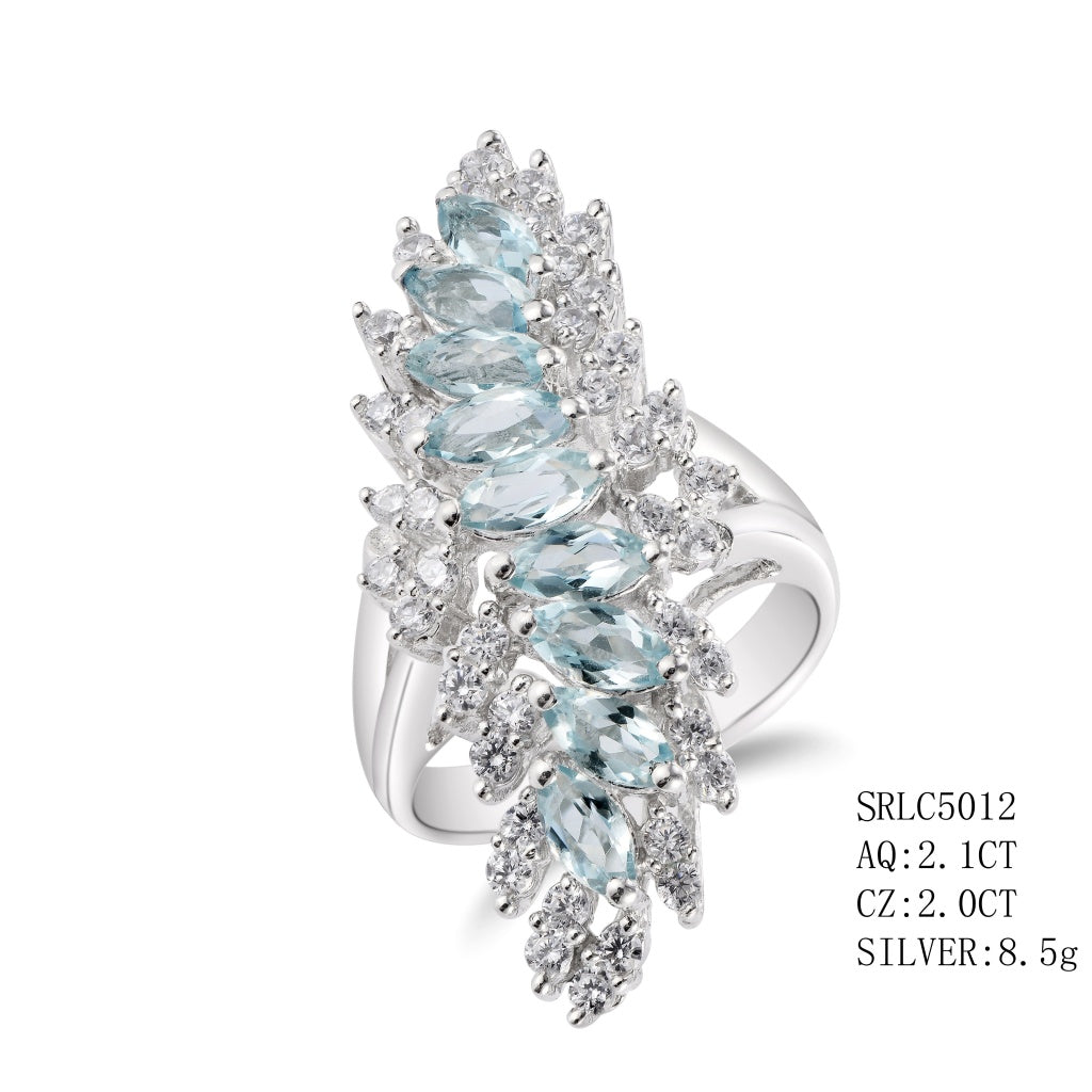 Sterling Silver 9 Vertical Set Aquamarine Marquise Cut In Swirl Design With C.Z On Side. Aquamarine - 2.1Ctw, C.Z - 2.00Ctw