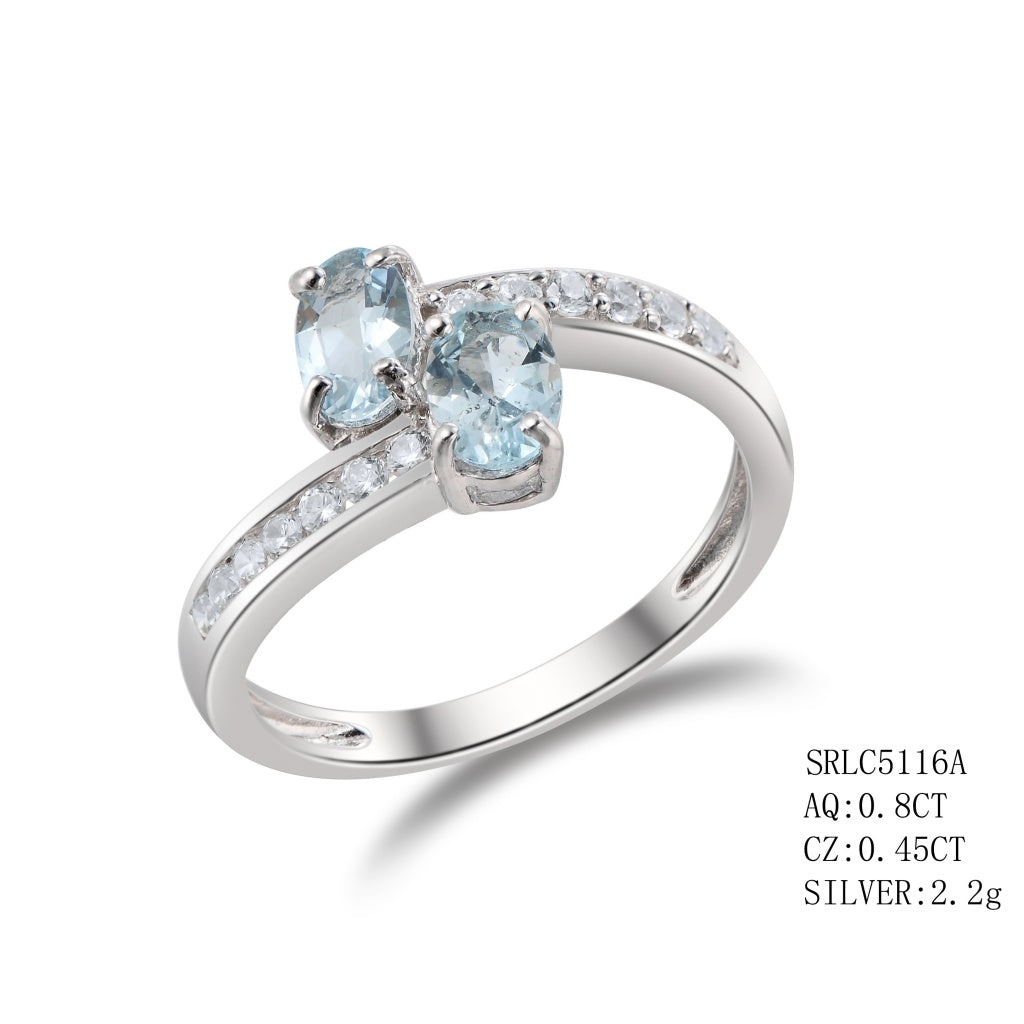 2 Oval Cut Aqua With Channel Set C.Z On Side Set In Sterling Silver. Aquamarine - 0.80Ctw, C.Z - 0.45Ctw