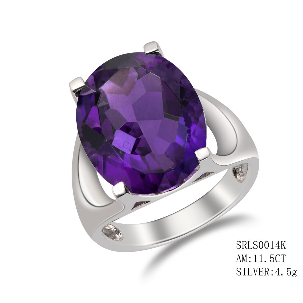 Sterling Silver Amethyst Ring Oval Cut In 4 Prong Setting, Amethyst - 11.50Ctw