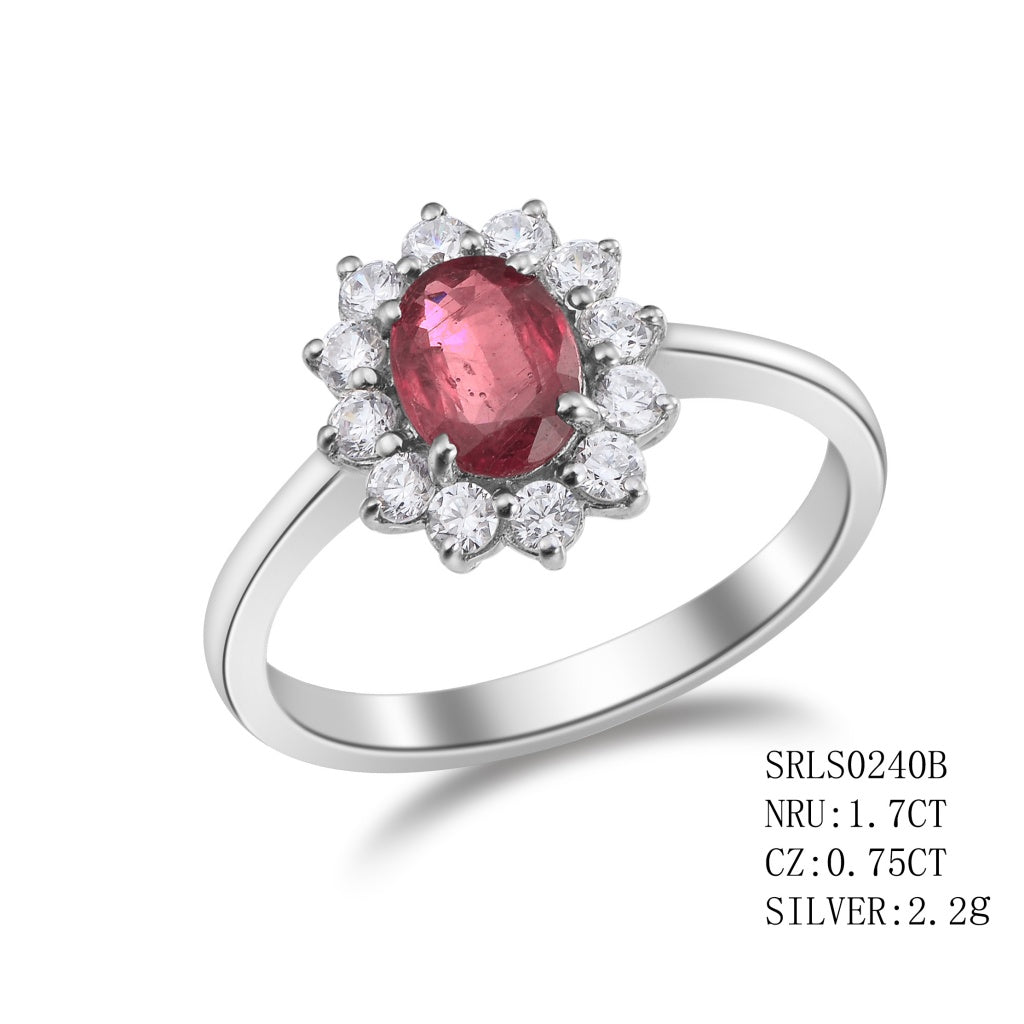 Sterling Silver Oval Cut Natural Ruby Surround By 12 C.Z , Natural Ruby - 1.70Ctw C.Z. - 0.75Ctw