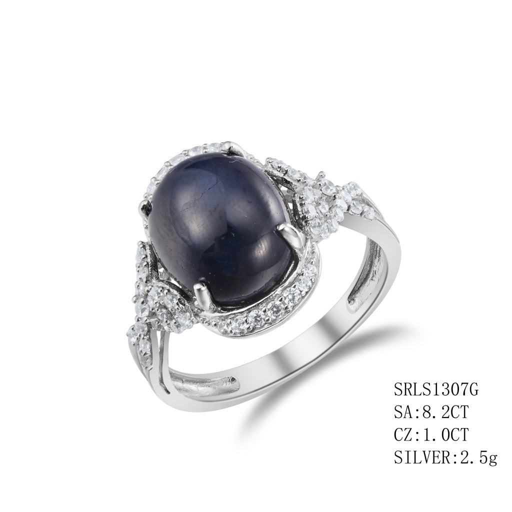 Sterling Silver Oval Cut Sapphire Followed By C.Z On The Band, Sapphire - 8.20Ctw C.Z - 1.00Ctw