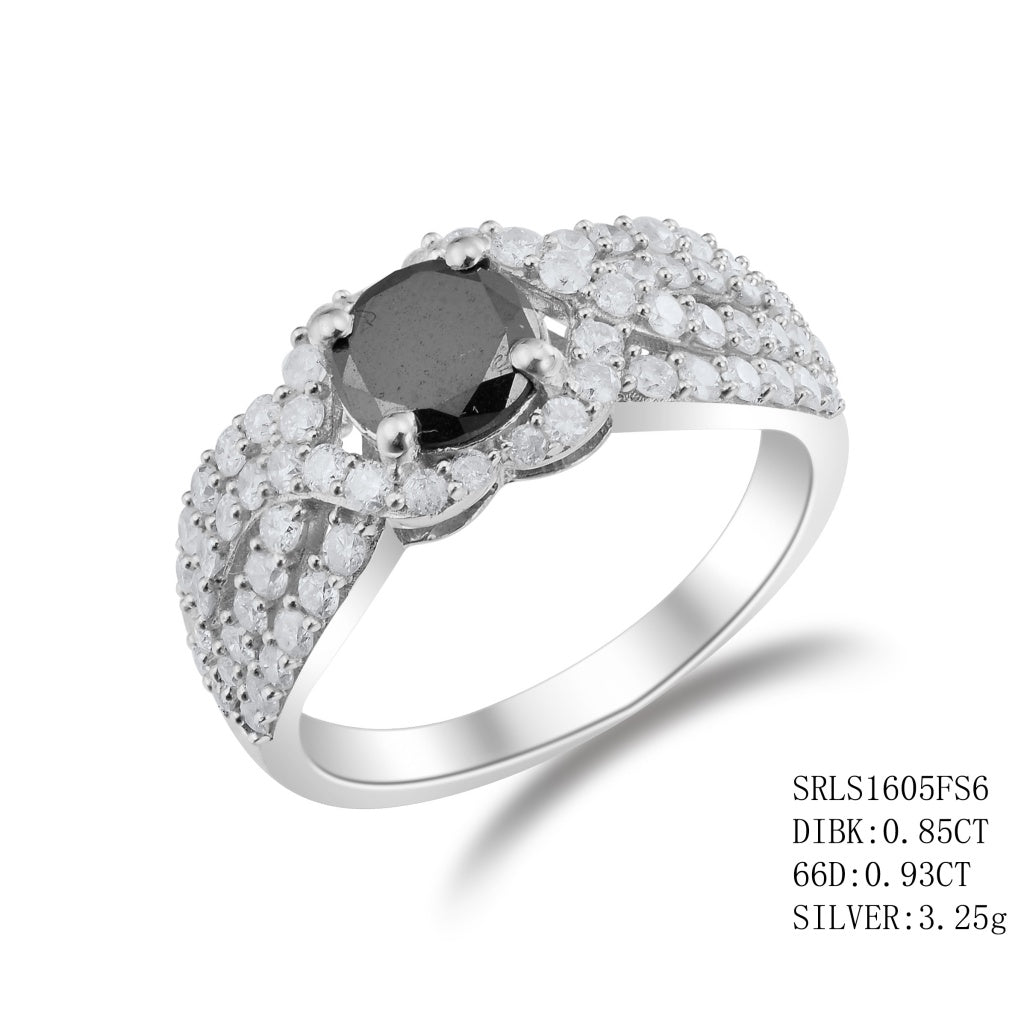 Sterling Silver Black And White Diamond Ring, Black Diamond - 0.85Ctw , 66Diamond - 0.93Ctw