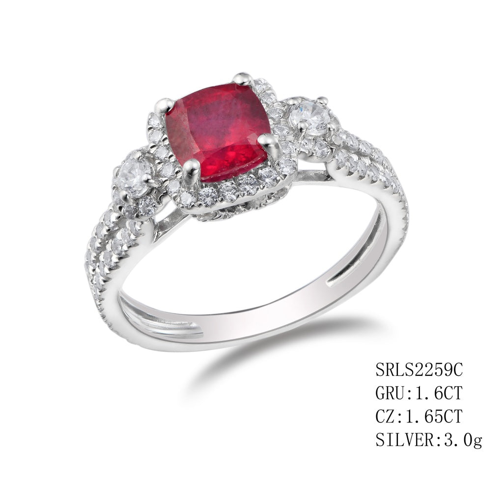 Sterling Silver Princess Cut GRU Ruby In 4 Prong Setting Surround By C.Z, Genuine Ruby - 1.60Ctw C.Z - 1.65Ctw