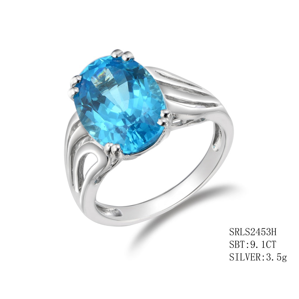 Sterling Silver Oval Cut Synthetic Blue Topaz In 4 Prong Setting, Blue Topaz - 9.10Ctw