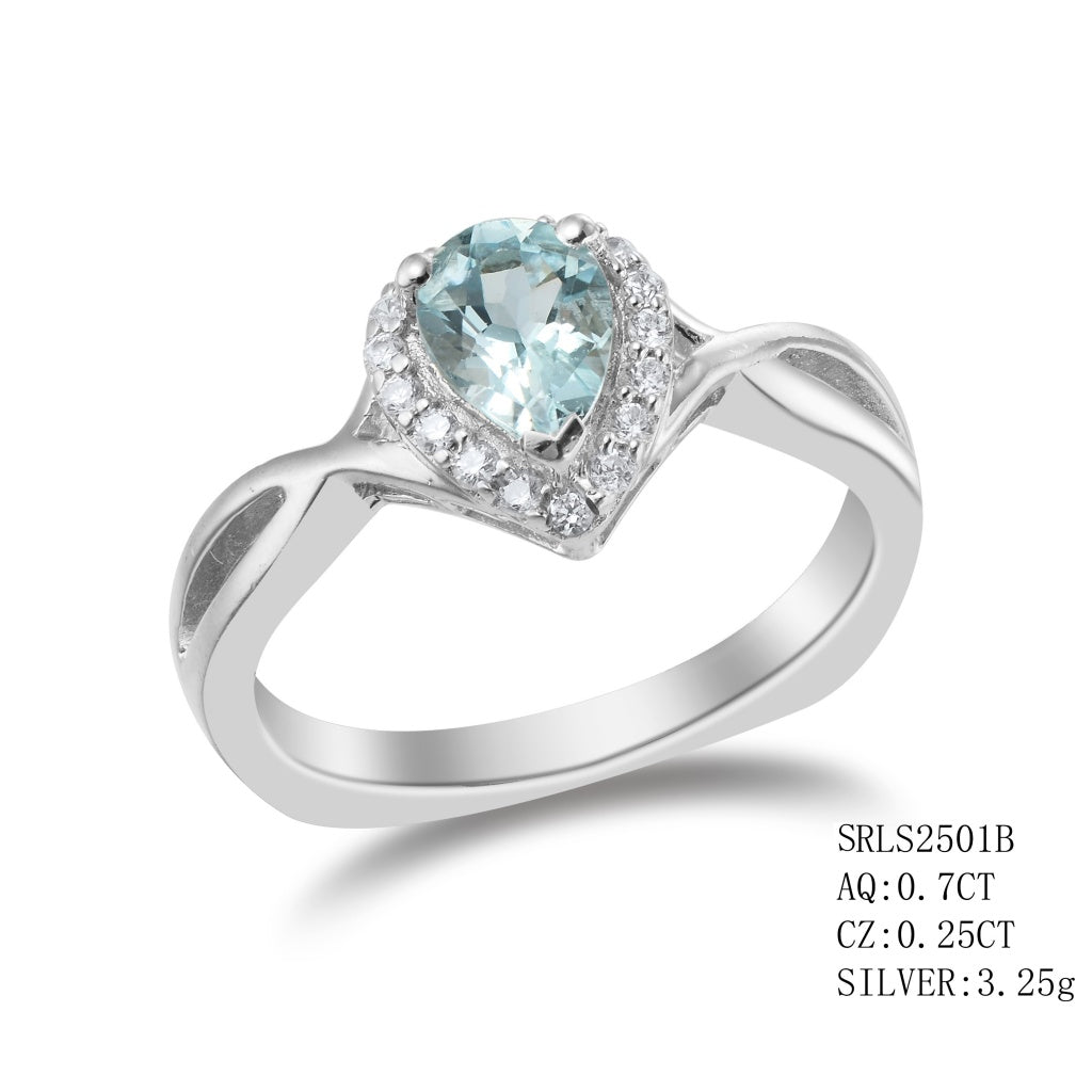 Sterling Silver Pear Cut Aquamarine In 3 Prong Setting Surround By C.Z , Aquamariner - 0.70Ctw C.Z - 0.25Ctw