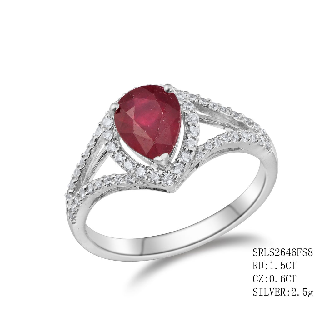 Sterling Silver Pear Cut Ruby In 3 Prong Setting Surround By One Row C.Z  Followed By One Row Of C.Z On The Band On Each Side Ruby - 1.50Ctw C.Z - 0.60Ctw