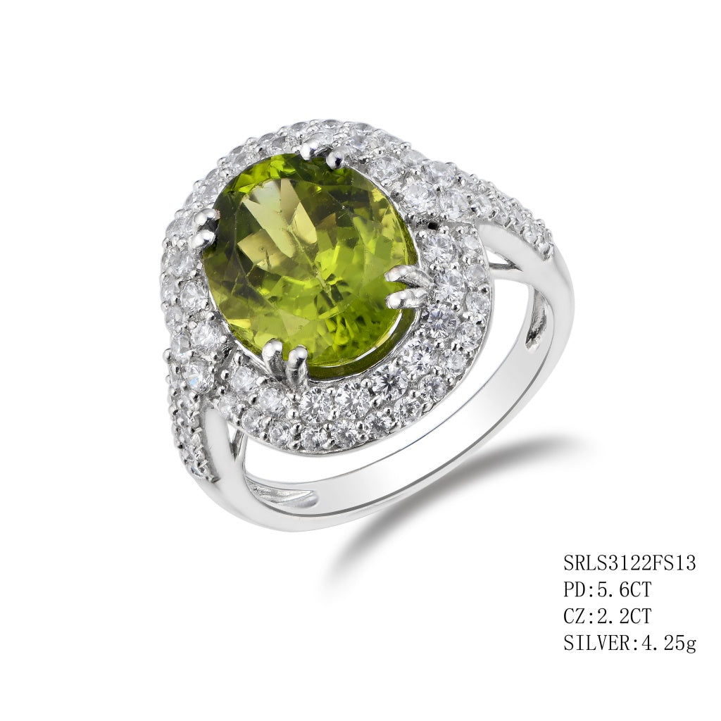 Sterling Silver Peridot Ring Featuring With Oval Cut In The Center In 8 Prong Setting Surround By 2 Rows Of C.Z Followed By 2 Rows Of C.Z On The Band On Each Side, Peridot - 5.60Ctw C.Z - 2.20Ctw