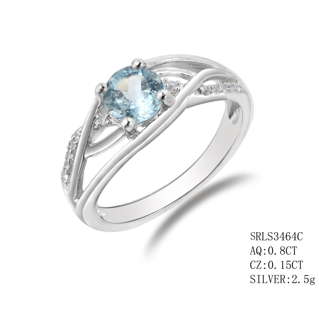 Sterling Silver Oval Cut Aqua In 4 Prong Setting Followed By One Row Of C.Z On The Band On Each Side, Aquamarine - 0.80Ctw C.Z - 0.15Ctw